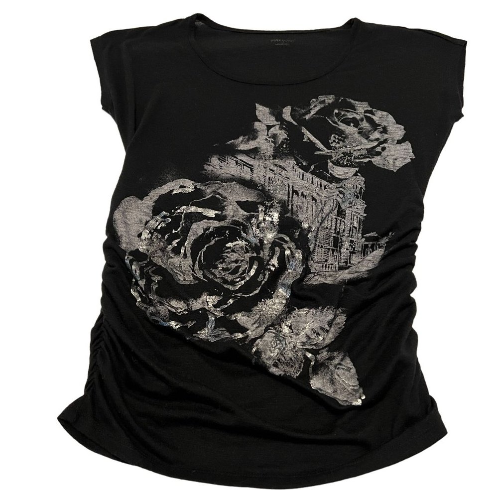 Motherhood Maternity Black Short Sleeve Tee, With Silver Floral Graphic  SMALL